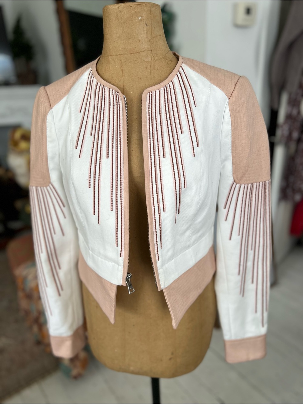 BCBGMaxAzria White and Blush Beaded Cropped Leather Jacket